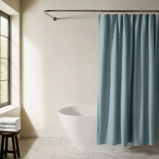 Cotton Blend Waffle Shower Curtain – 72x72 Spa Fabric Shower Curtain, Textured Waffle Weave, Hotel Style Bathroom Decor - Becky Cameron, Light Blue