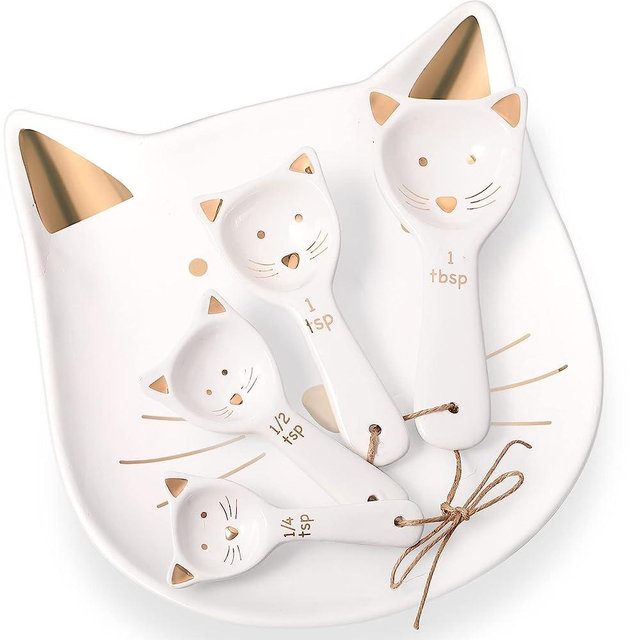 Cat Spoon Rest for Stove Top Ceramic Soup Spoon Holder for Kitchen Counter and 4 Pieces Cat Shaped Ceramic Measuring Spoons