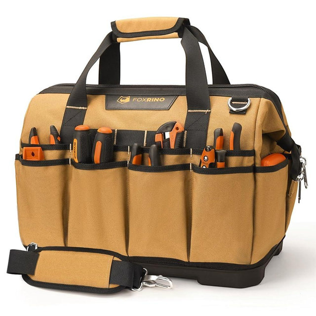 Foxrino 16 Inch Wide-Mouth Tool Bag, Heavy Duty Toolbag Organizer, Large Tool Tote Bags for Men & Women with Waterproof Molded Base and Adjustable Shoulder Strap