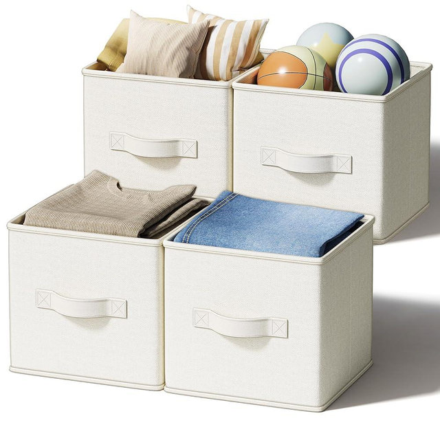 LayerSpace 4 Pack Foldable Fabric Closet Storage Bins, 11Inch Organizer Cubes with Handles, Linen Storage Boxes for Clothes, Toys, Books and Home Organization, White& Ivory