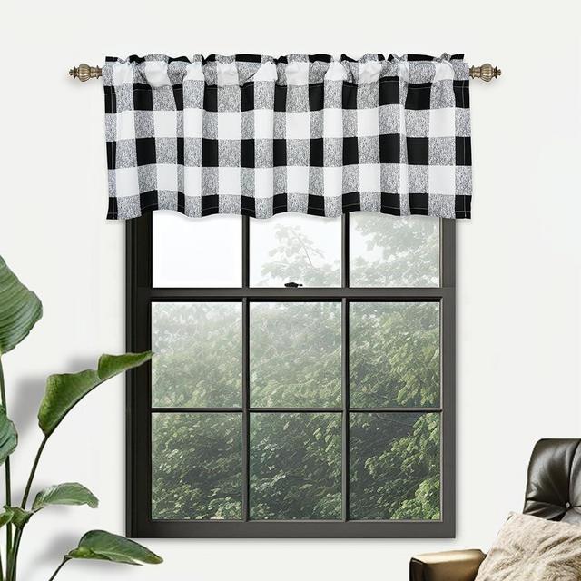 DriftAway Semi Sheer Buffalo Plaid Check Window Valance Curtains Checkered Rod Pocket Black and White Valance for Kitchen, Living Room, Bedroom, Farmhouse 1 Pack 52" x16"