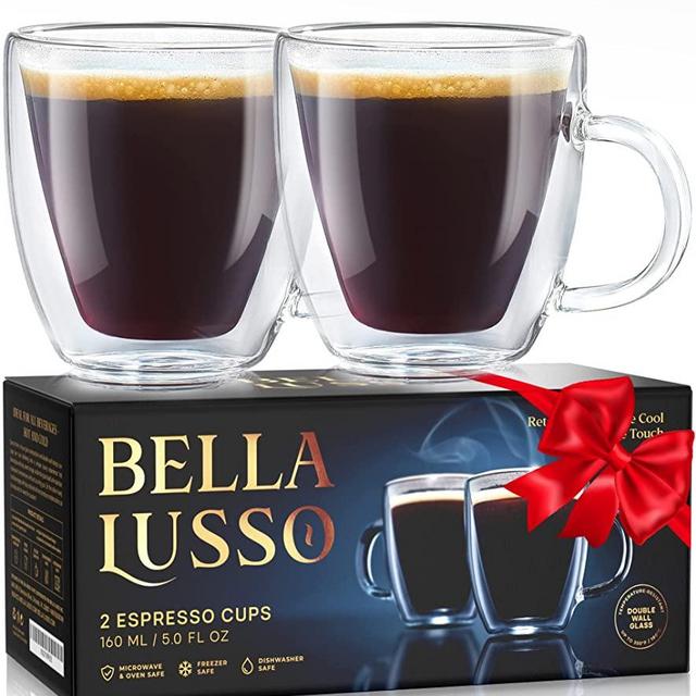 Glass Espresso Cups - Double Wall Insulated Coffee Mugs - Designed in USA - 2 Pack, 5 oz - Set for Cappuccino,Latte,Tea,Shots - Borosilicate Glassware - Dishwasher,Microwave Safe - Premium Gift Box