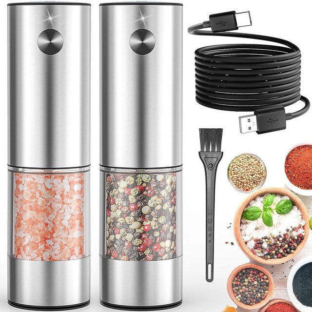 2Pack Electric Salt and Pepper Grinder Set USB Rechargeable with Warm LED Light, Adjustable Coarseness Lidaop Large Capacity Automatic Salt Pepper Mill Grinder for Kitchen, Stainless Steel Set