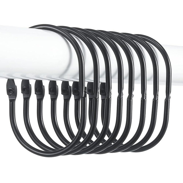 24 Pcs Shower Curtain Rings, Goowin Shower Curtain Hooks, Oval Snap Shower Rings for Curtain, Metal Shower Black Curtain Rings Rust Proof, Glide Smoothly Shower Hooks for Shower Curtain Rod (Black)