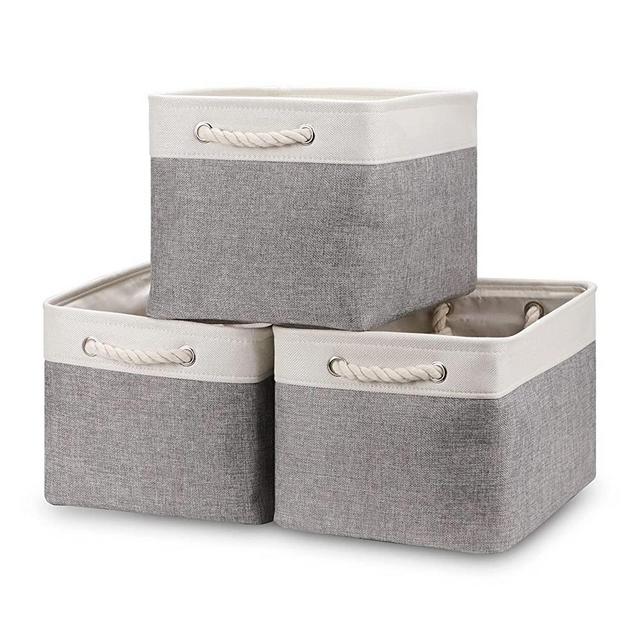 Bidtakay Baskets Set of 3 Storage Baskets for Organizing Large Fabric Storage Bins for Shelves Decorative Canvas Bins Collapsible Empty Baskets for Closet,Nursery,Clothes,Toys,Shoes(White&Grey)