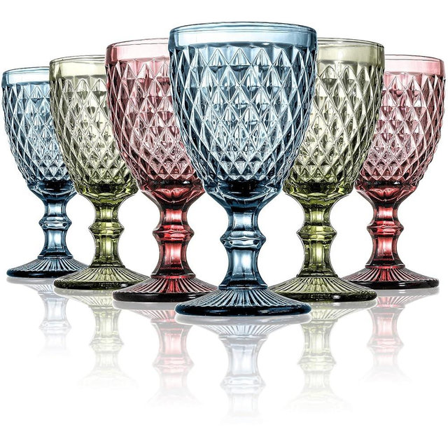 ZOOFOX Set of 6 Vintage Wine Glasses, 10 oz Colored Glass Goblet with Stem, Diamond Design Embossed Glassware for Baby Shower, Wedding, Party, Holiday
