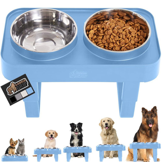 GORILLA GRIP Elevated Dog Bowls Stand, 6 Cup Stainless Steel Food Bowl Set of 2, 5 Height Adjustable Raised Feeding Station for Small Breed Puppy Dogs and Cats, Medium, Large Sized Pets Feeder, Blue