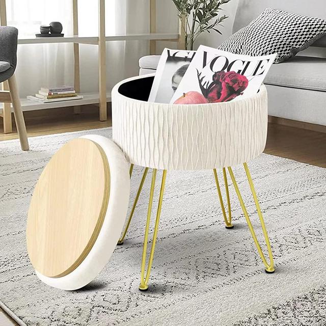 GERANT Velvet Storage Ottoman Vanity Stools - Multifunctional Wavy Upholstered Pleated Round Footrest with Golden Metal Legs,Removable Coffee Table Top Cover,Suitable for Living Room,Bedroom(Beige)