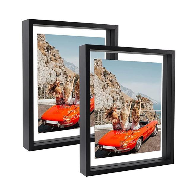 Trwcrt 2 Pack 8x10 Floating Picture Frame, Double Glass Picture Frames Display up to 10 x 12 photos for Desktop or Wall Hanging, Black