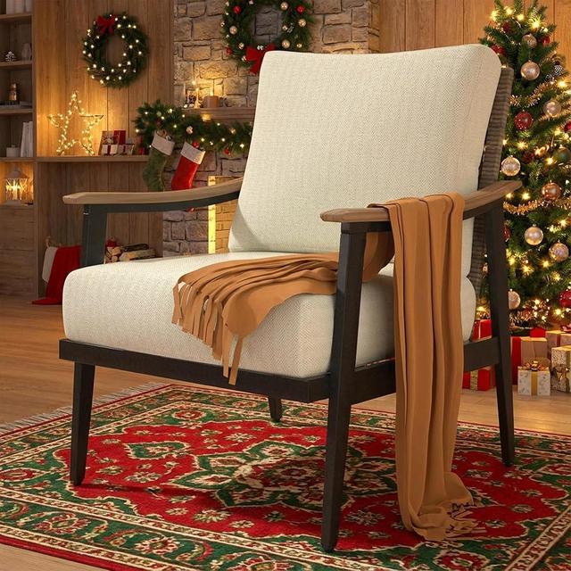 NATURAL EXPRESSIONS Patio Sofa Outdoor Furniture Metal Chair with Wicker Backrest & 6 Inches Cushion for Front, Porch, Deck, Balcony, Backyard, Sunroom, 27"(L) x 29.75"(W) x 33.86"(H).