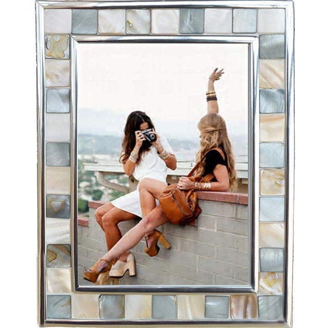 GIFTME 5 Silver Plate Picture Frame 4x6 Mother of Pearl 4 by 6 Photo Frame Mosaic Glass Tabletop Frame (Grey+ White,1pc)