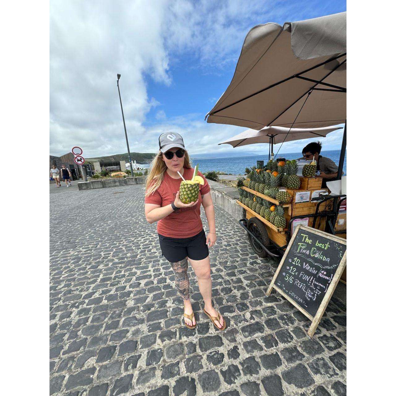 Grabbing a refreshing Piña Colada at the beach on Saó Miguel