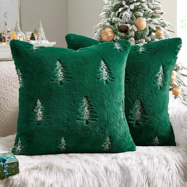 MIULEE Christmas Decorative Pillow Covers Set of 2 Faux Fur Throw Pillows with Embroidered Christmas Tree 18x18 Inch Green White Winter Couch Covers for Festival Sofa Bedroom Living Room Home Decor