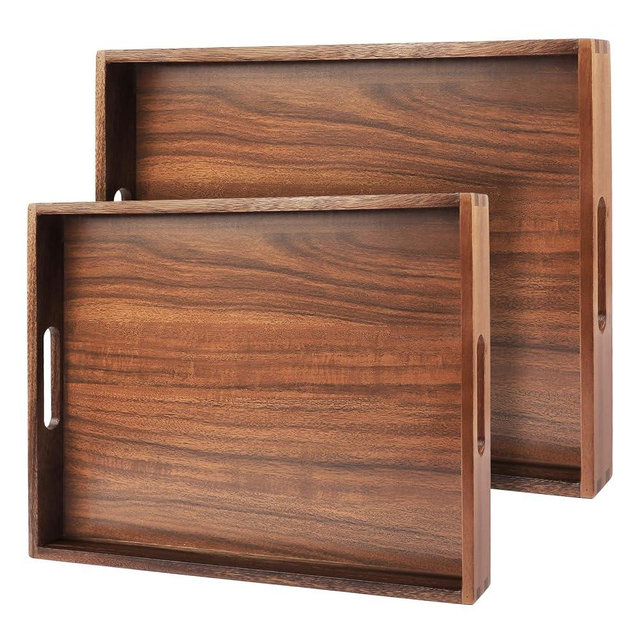 2Pack Acacia Wooden Serving Tray with Hanles,17x13 Nesting Ottoman Trays for Living Room, Coffee Table, Breakfast in Bed, Candle Display, Decorative Serving Trays Platter for Food, Drink and Decor