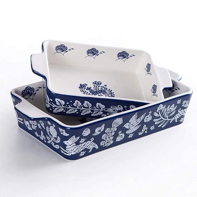 Bakeware Set,SIDUCAL 2 PCS Ceramic Baking Dish Set,Rectangular Home Cookware Pans with Double Handle,Casserole Dish for Cooking,Kitchen,Blue