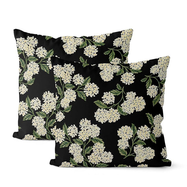 DAFENA Black Spring Pillow Covers 18x18 Inch 2 Pcs Green Hydrangea Flower Decor Throw Pillows Vintage Floral Seasonal Summer Outdoor Decoration Pillowcase Linen Cushion Cover for Couch Sofa