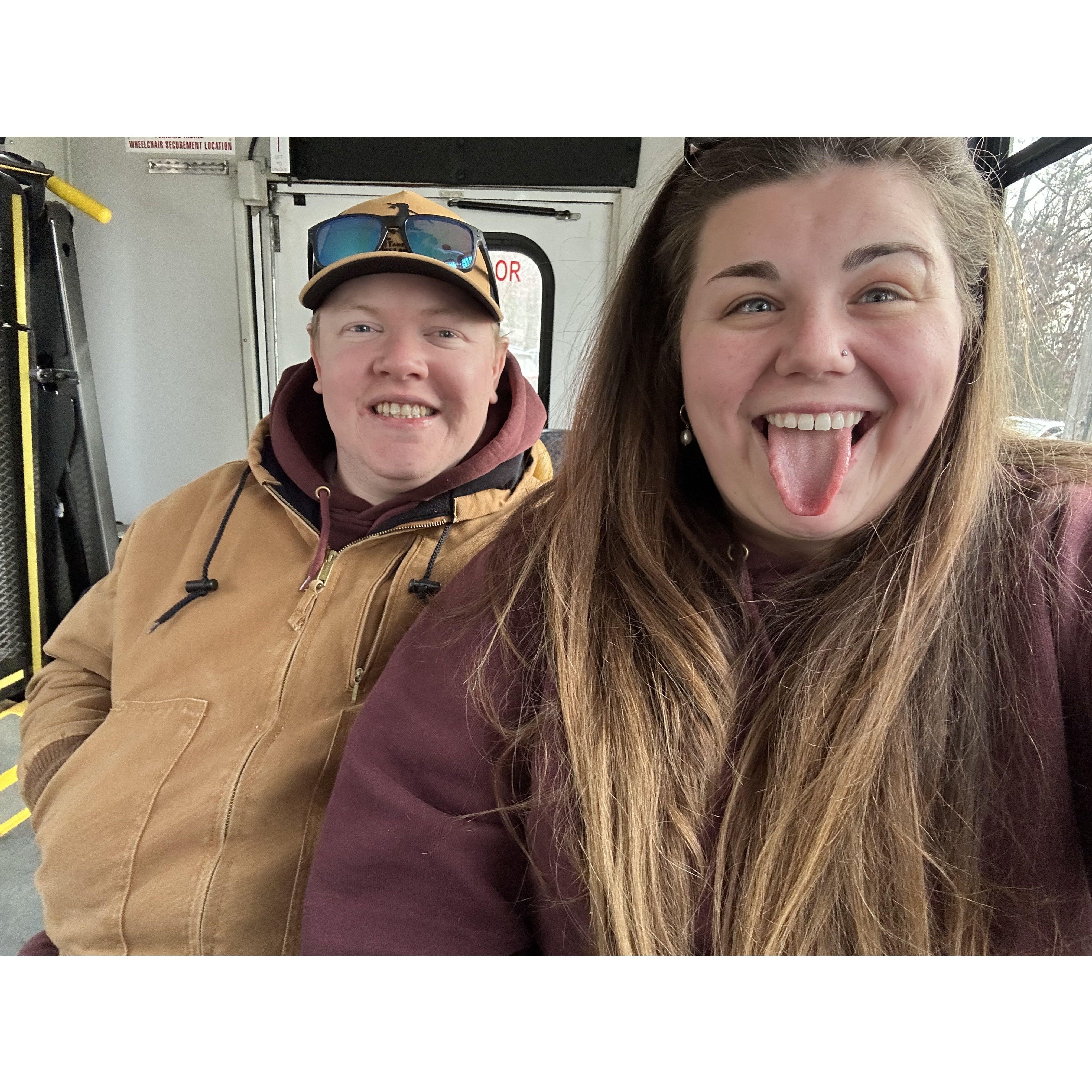 On the bus to go visit the Wolfs at Lakota Wolf Reserve.