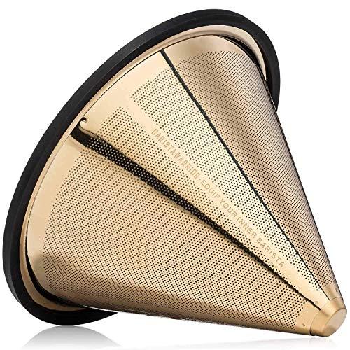 TITANIUM COATED GOLD Pour Over Coffee Filter - Reusable Stainless Steel Drip Cone for Chemex, Hario V60, Carafes and Other Coffee Makers