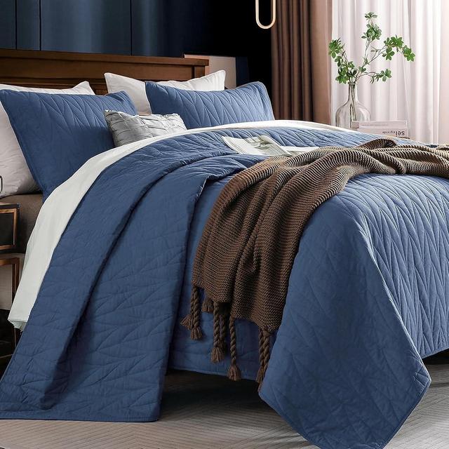 SHALALA - 100% Cotton Queen Quilt Set,200 GSM Cotton Fill Comforter,Pre-Washed 3 Piece Ultra Soft Lightweight Bedspread with Pillow Shams,Stitching Geometric Pattern Modern Style (Royal Blue)