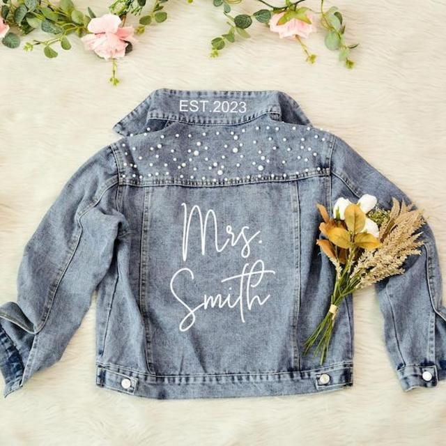 Custom Bridal Denim Jacket Personalized Pearl Denim Jacket Future Mrs Jacket Wedding jacket Bride Jacket Wifey jacket Bridal Shower Gift