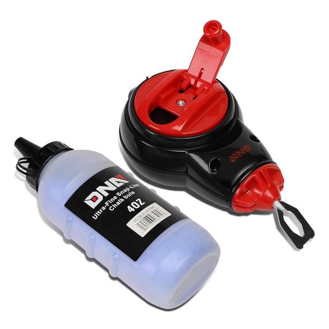 DNA Motoring TOOLS-00095 Contractor Chalk Line Kit, Self-Chalking Cotton Snap Line, Plumb Bob Chalk Line Reel, Line Level, & Chalk Bottle, 100 Ft, 1 Kit, Red , Blue
