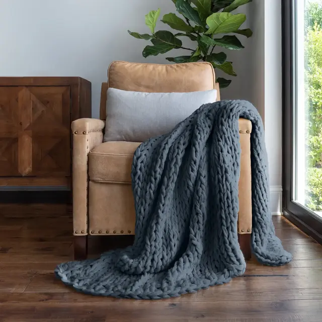 Chunky Knit Throw Blanket Braided, Soft & Cozy - Becky Cameron, Stone, Throw
