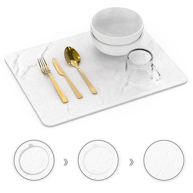 Stone Drying Mat for Kitchen Counter,Super Absorbent Stone Drying Mat,Diatomaceous Earth Dish Mat,Non-Slip, Heat Resistant, Quick Drying Stone Dish Drying Mat for Cups Dishes Bottles Grey (White)