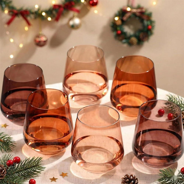 comfit Venus Colored Stemless Wine Glasses Set of 6-17 oz Hand-Blown Crystal Colored Glassware with no Stem, Multicolor Wine Glass for Wedding, Birthday, Housewarming Gifts for Women