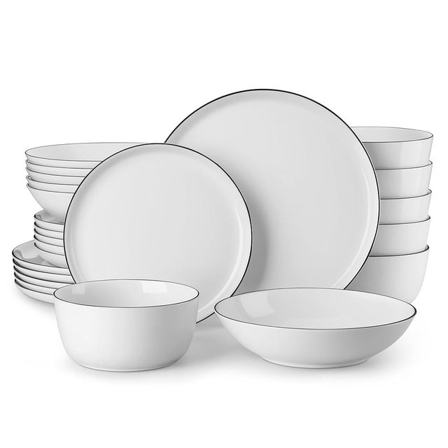 MALACASA 24 Pieces Gourmet Porcelain Dinnerware Sets, Premium Plates and Bowls Set, High-Fired Dishes Set for 6, Chip & Scratch Resistant, Microwave Dishwasher Safe, White & Black Rim, Series LEXI