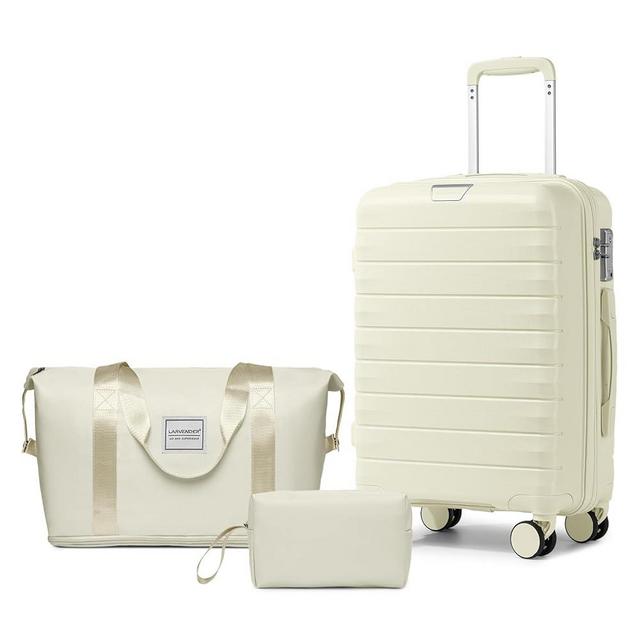 LARVENDER Luggage Sets 3 Piece with Duffel Bag Hardside PP carry on suitcase with 360° Spinner Wheels TSA Lock for Men Women, White