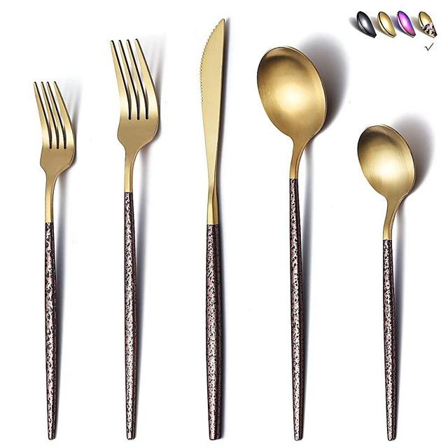 Silverware Set 20 Pieces, Moon Surface Handle And Matte Gold Head Flatware Set, Stainless Steel Cutlery Set, Utensil Sets, Service Set for 4