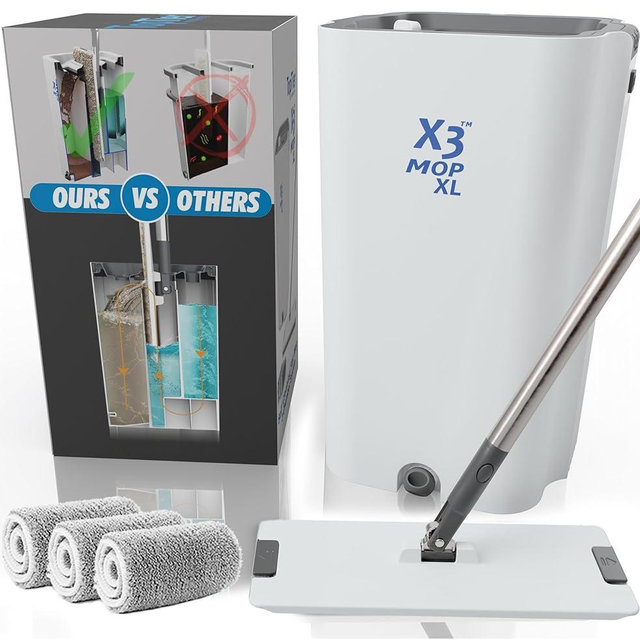 X3 Mop XL, Separates Dirty and Clean Water, 3-Chamber Design, Flat Mop and Bucket Set, Hands Free Home Floor Cleaning, 3 Reusable Microfiber Mop Pads Included