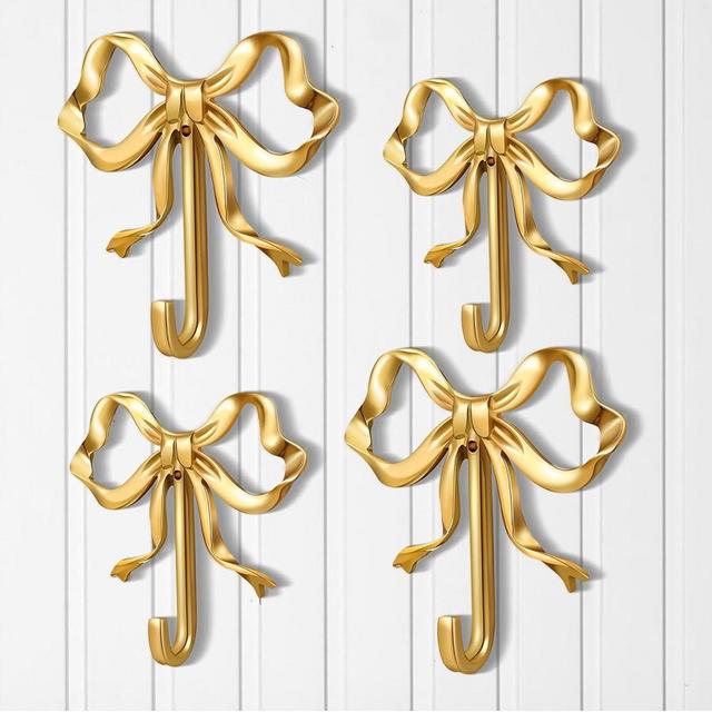 Lineshading 4 Pcs Valentine's Day Wall Decor Gold Bow Knot Hooks Brass Bow Wall Hooks Door Hanger Towel Hooks Brass Coat Hooks Decorative Hooks for Wedding Bathroom Living Room Kitchen Decor (L+S)