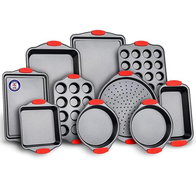 Baking Set – 10 Piece Kitchen Oven Bakeware Set – Deluxe Non-Stick Blue Coating Inside and Outside – Carbon Steel – Red Silicone Handles – PFOA PFOS and PTFE Free by Bakken