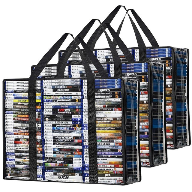 PUTNATRUE DVD Storage Bags, 3 Pack High Clear Bags Hold 210 DVDs or 270 Blu-Rays Cases (70, 90 Each), Thickened Plastic Organizer with Reinforced Handles for Media, Quilt, Pillow & Clothes Storage