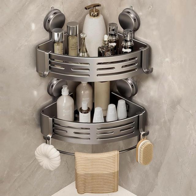 VOLPONE Corner Shower Caddy Suction Cup Shower Shelf Corner No Drilling Bathroom Shower Organizer Storage Rack Adhesive with Towel Bar (2-Pack, Matte Gray)