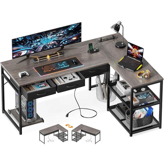 AODK 53 Inch L Shaped Computer Desk with Drawers, Corner Desk with Power Outlets & Reversible Storage Shelves, Movable CPU Stand for Home Office Gaming, Oak Grey