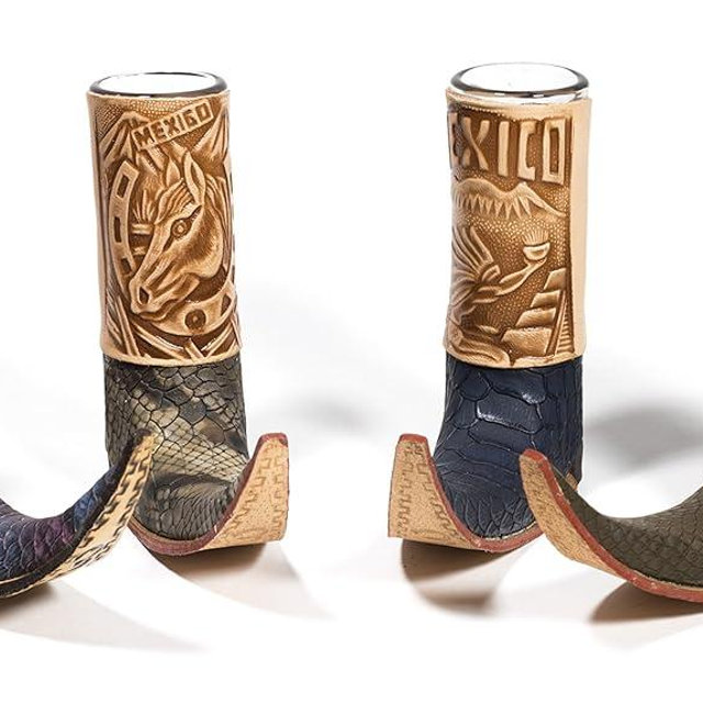 Mexican Leather Mini Boot Tequila Shot - Original Artisan Bota Tribalera para Tequila - 1 Tequila Shot (Assorted Colors)