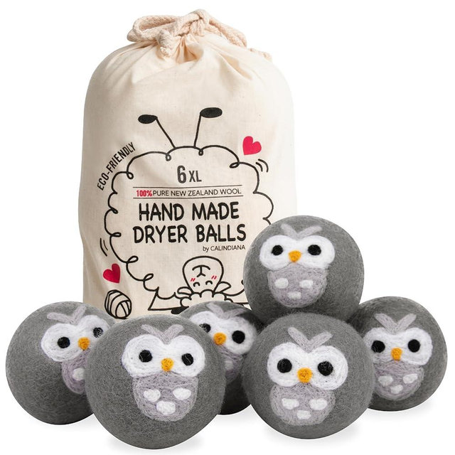 Calindiana 100% Organic Premium New Zealand Wool Dryer Balls Laundry Reusable Fabric Softener, Cute Dryer Sheets Alternative, Anti Static XL Size 6 Pack, Grey Owl