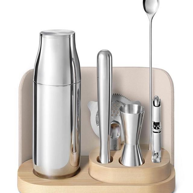 Caraway 9-Piece Complete Bar Set - Cocktail Shaker, Jigger, Muddler, Wine Key, Strainer, Bar Spoon, Storage Organizer, Magnetic Backer - Bartender Accessories - Tools for Home Bartending - Cream