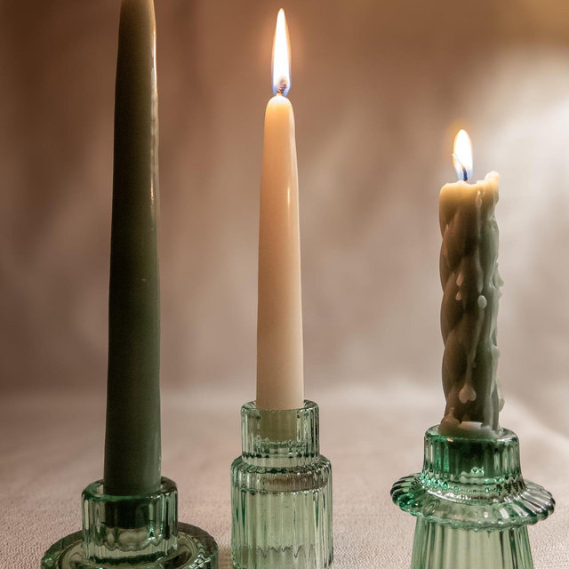 Sage Green Ribbed Glass Candle Holder: Modern Vintage Taper Holder