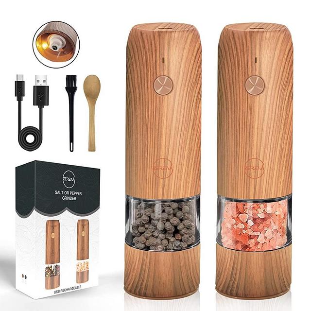 Electric Salt and Pepper Grinder Set USB Rechargeable - LED Lights, Automatic Wood Pepper and Salt Mill Grinder Set Refillable, Adjustable Coarseness, One Hand Operation (Wooden 2 Pack)