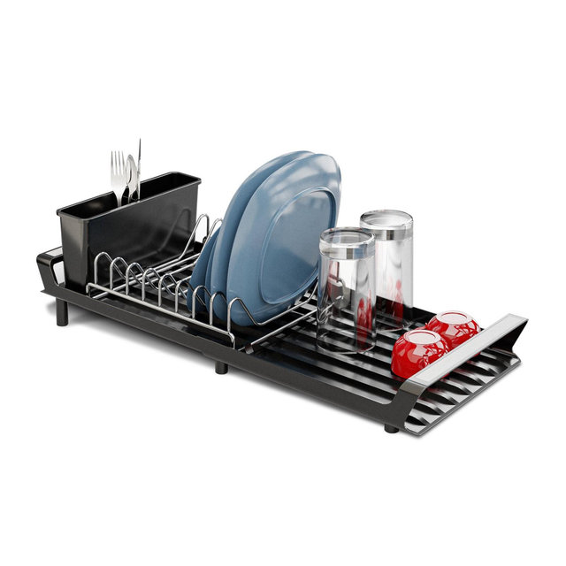 Home Zone Living Collapsible Dish Drying Rack with Angled Drain and Utensil Caddy, Small