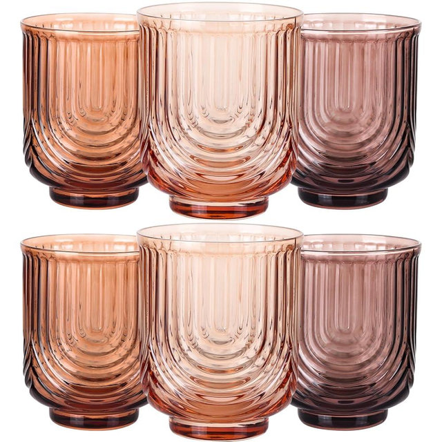 JOVGANK Amber Vintage Drinking Glasses Set of 6-14Oz Brown Glass Drinking Glasses, Art Deco Ripple Highball Glass, Whiskey Cocktail Glasses, Glassware for Bar Beverages Ice Coffee Juice