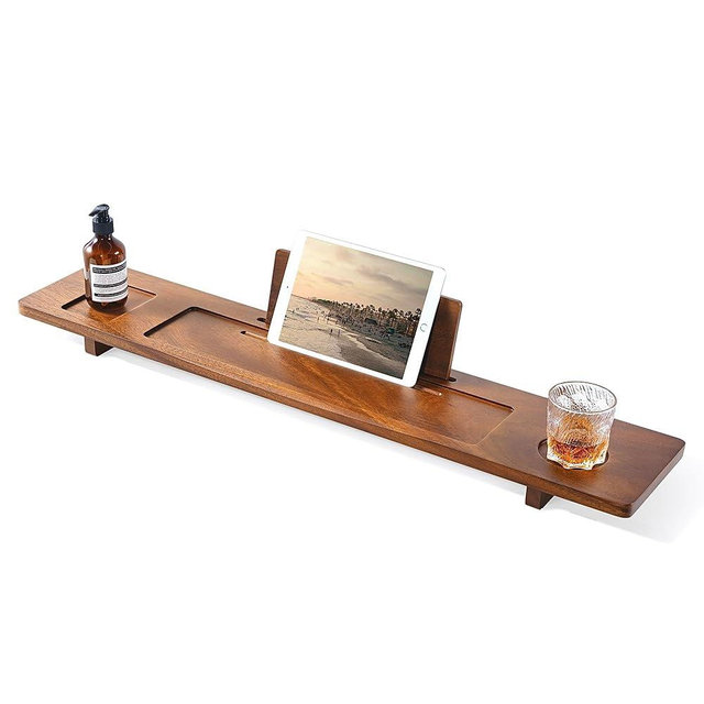 Walnut Bathtub Tray Caddy - 39" Wide Adjustable for Freestanding Tubs, Non-Slip Phone/Wine Holder