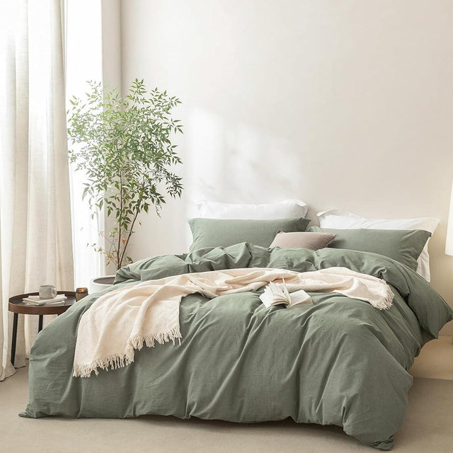 BDEAR Linen Feel Heathered Green Duvet Cover King Size 104'' W x 90'' L, Percale 100% Washed Cotton Duvet Cover with Zipper Closure Plus 2 Pillowcases, Oeko TEX Standard Certificated