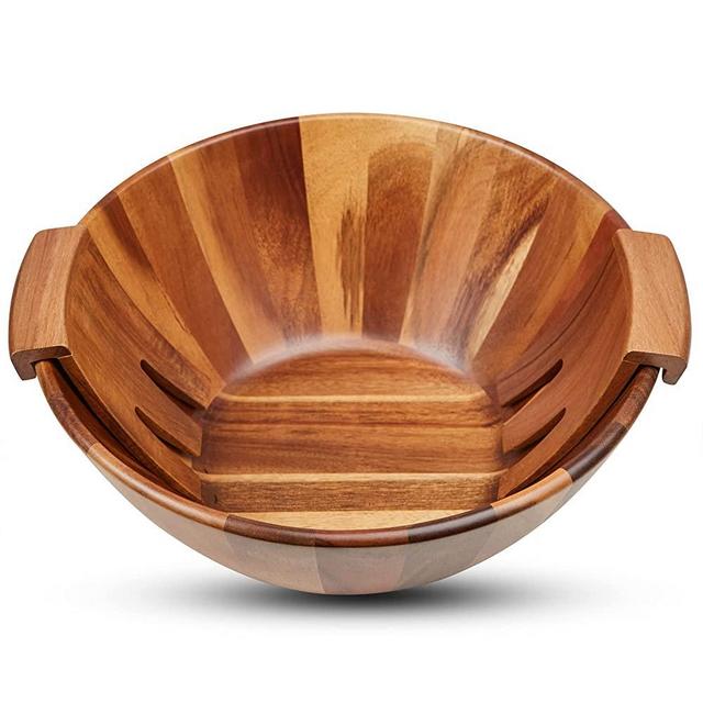 FRESHY CHEF Wooden Salad Bowl - 3 Piece Set - Large Acacia Wood Salad Bowl with Serving Hands - Handmade with Natural Wood -Also Works as Fruit Holder