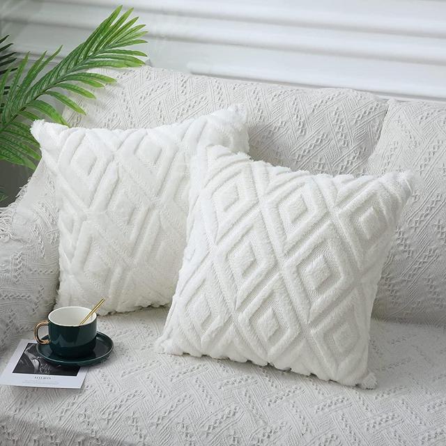 Pallene Soft Decorative Throw Pillow Covers 18x18 Inch, Plush Short Faux Fur Diamond Pattern Couch Pillow Covers for Living Room, Set of 2, Cream White