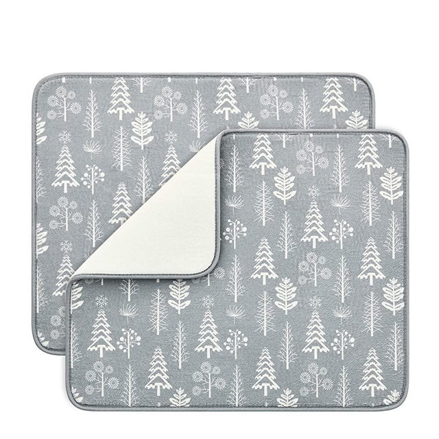 Dish Drying Mats for Kitchen Counter by SUBEKYU, Microfiber Absorbent Dish Drainer/Rack Pads for Sink, 19.515.8 inch, Set of 2, Tree, Grey