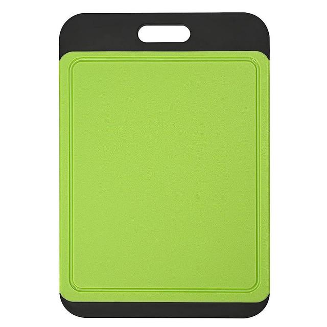 SOSECCE Cutting Board Plastic with Juice Grooves and One-Piece Non-Slip Silicone Handles, 14 x 9.5 x 0.4 Inch Kitchen Chopping Board, Dishwasher Safe BPA Free (Black+Green)